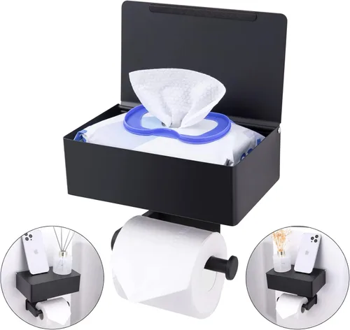 Miniatura 8 de Soporte de papel higiénico adhesivo con estante y almacenamiento, juego de soporte de rollo de papel higiénico montado en la pared y dispensador