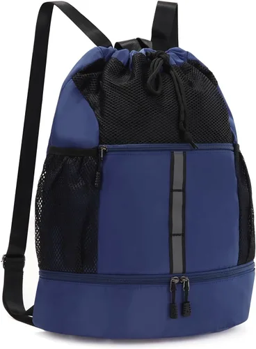 Valleycomfy Mochila deportiva con cordón y compartimento para zapatos y tiras reflectantes, color azul oscuro