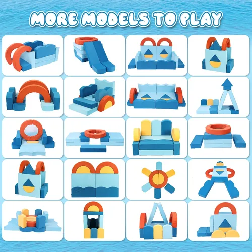 Miniatura 9 de Erament Sofá cama modular para niños pequeños, 22 piezas, sofá cama para sala de juegos, muebles convertibles con temática oceánica, sofá modular