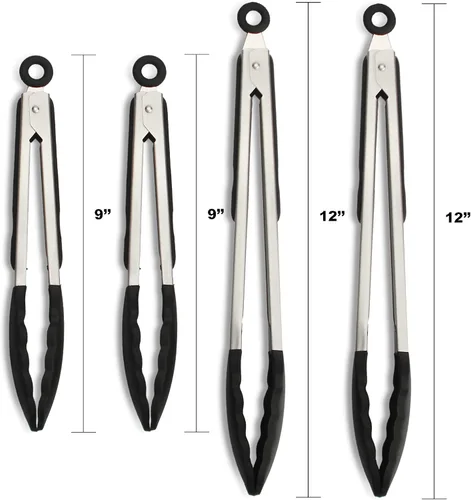 Miniatura 5 de Paquete de 4 pinzas de cocina negras, de silicona de alta calidad, sin BPA, antiadherentes, acero inoxidable, para barbacoa, para cocinar, asar a