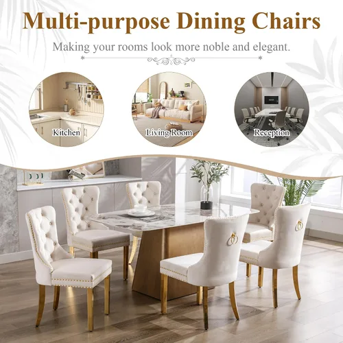 Miniatura 8 de civama Juego de 2 sillas de comedor de la colección Nikki de terciopelo, tapizadas, modernas, de lujo, copetudas, con ribete de clavos, anillo Beige
