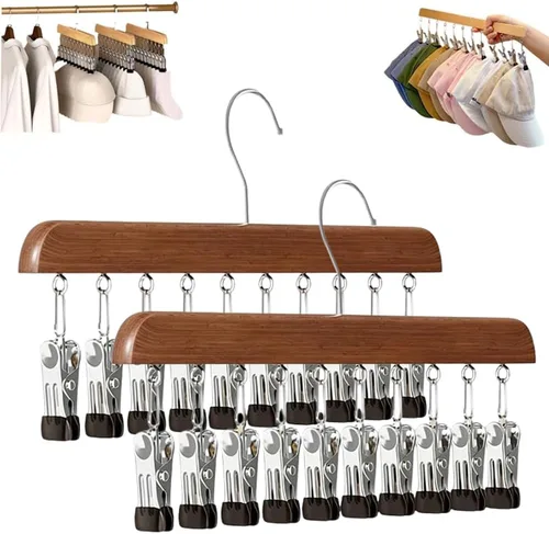 Miniatura 9 de Organizador de armario con 10 clips, organizador colgante de armario ajustable de madera para armario, colgador de pantalones de acero inoxidable