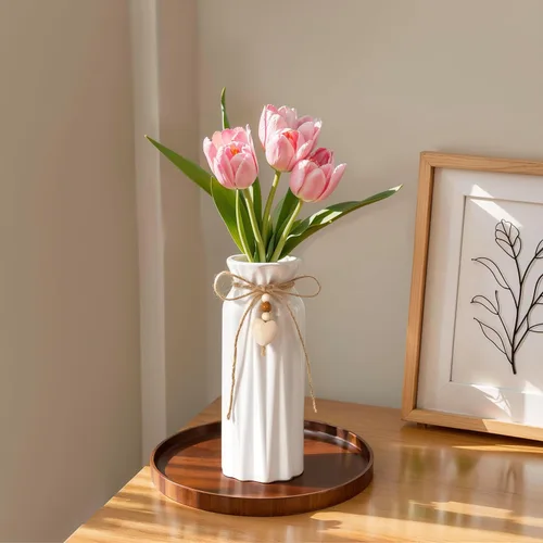 Miniatura 5 de Elegante jarrón de cerámica de 8 pulgadas con patrón geométrico, jarrón decorativo con cuerda de yute y dije de corazón para decoración del hogar