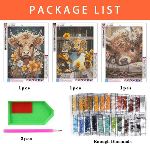 Miniatura 5 de Axquilon Kits de arte de diamantes para adultos, paquete de 3 kits de pintura de diamantes de vaca de las tierras altas para adultos, 5D redondo