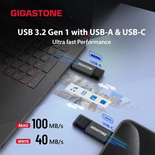 Miniatura 2 de GIGASTONE - Unidad flash USB dual de 128 GB, USB 3.2 Gen 1, USB C+A 2 en 1, velocidad de hasta 100 MB/s, diseño de tapa de cabeza, Plug & Play