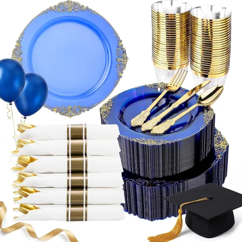 Miniatura 11 de Nervure 175 piezas de vajilla de plástico azul - Juego de vajilla de plástico azul dorado desechable incluye 50 platos para cena y postre, 25 Azul