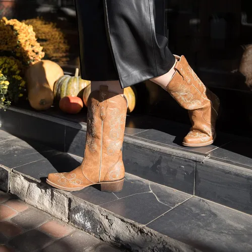 Miniatura 6 de Rollda Botas vaqueras para mujer, botas vaqueras bordadas a media pantorrilla, botas occidentales para mujer, botas desgastadas con pestañas