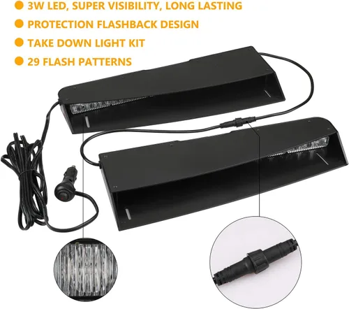 Miniatura 4 de ASPL Barra de luces para visera de 2 a 15 LED, 29 patrones de destello, interior superior de parabrisas, montaje dividido, luz estroboscópica