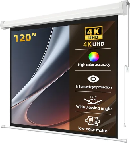 Pantalla de proyector motorizada blanca mate de 120 pulgadas para proyector de tiro largo y estándar, pantalla de cine de ángulo de visión de 178°