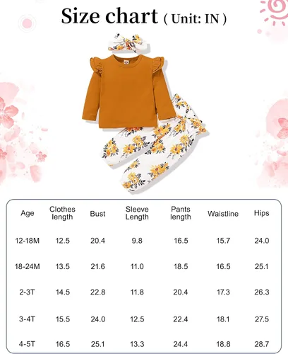 Miniatura 6 de SANMIO Conjunto de ropa para niña pequeña, camisa de manga con volantes, pantalón floral con diadema, 3 piezas, conjunto de ropa para bebé niña 1-5T