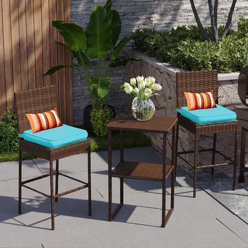 Miniatura 2 de Sundale Outdoor Juego de 2 taburetes de bar, 2 taburetes de bar de mimbre tejido sin brazos, sillas de bar para patio con almohada y cojín azul