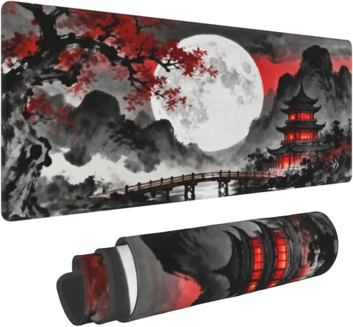 Miniatura 25 de Alfombrilla de mouse para juegos de acuarela japonesa negra y blanca con flor de cerezo de 35.4 x 15.7 pulgadas, XXL extendida, alfombrilla de mouse
