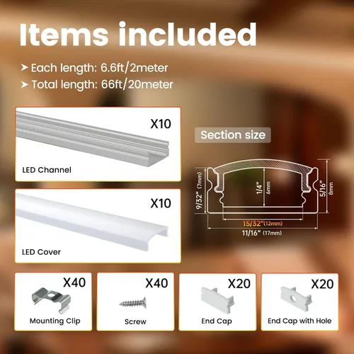 Miniatura 2 de Muzata Paquete de 10 canales LED de aluminio en forma de U de 6.6 pies/6.6 ft de canal difusor de tira LED plateado con cubierta blanca lechosa