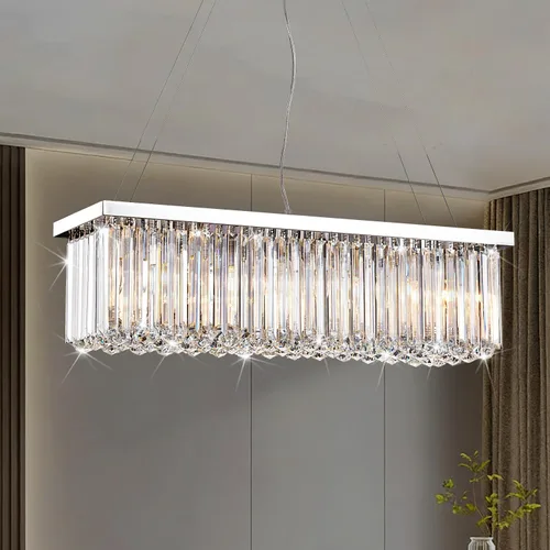 Miniatura 16 de Araña moderna de onda, araña rectangular de cristal con gotas de lluvia, montaje empotrado, lámpara colgante de techo cromada, ideal para comedor