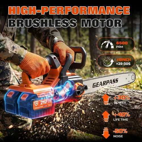 Miniatura 4 de Motosierra inalámbrica de 42 V y 16 pulgadas con 2 baterías de 4.5 Ah y cargador rápido doble, motosierra eléctrica sin escobillas, tensado sin