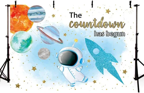 Miniatura 3 de MEHOFOND Telón de fondo espacial para baby shower, astronauta azul, The Countdown Has Begun, telón de fondo del espacio exterior, suministros