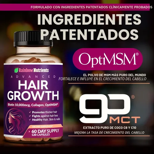 Miniatura 8 de Vitaminas para el crecimiento del cabello para mujeres Biotina 10,000mcg, colágeno, OptiMSM® patentado, goMCT®, Saw Palmetto Regresa