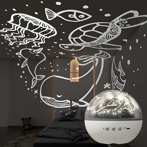 Miniatura 2 de Colorful Life Proyector de estrellas de luz nocturna para niños con caja de música, 5 películas, luz giratoria de galaxia, lámpara de guardería
