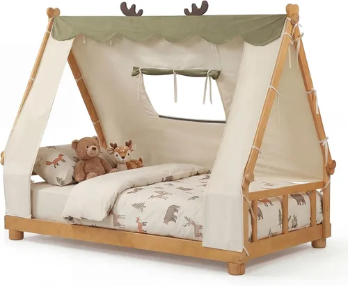 Miniatura 14 de Costzon Base de cama individual de madera, plataforma estable para niños, con techo y listones de alta resistencia, no necesita somier, bricolaje