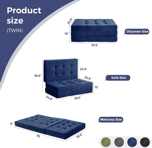 Miniatura 2 de MAXYOYO Colchón de tres pliegues, colchón plegable acolchado de 6 pulgadas con tela de chenilla, colchoneta portátil de tamaño individual para Azul