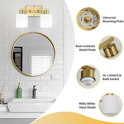 Miniatura 4 de WILON 2 luces doradas cepilladas, accesorios de iluminación de tocador de baño con pantallas de vidrio esmerilado blanco leche, modernas luces