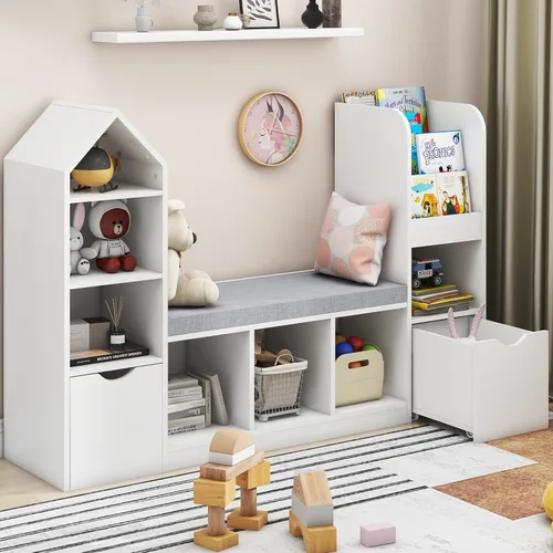 Miniatura 9 de Vabches Estantería infantil con rincón de lectura, organizador de almacenamiento de juguetes con cojín de asiento y 2 cajones móviles, organizador