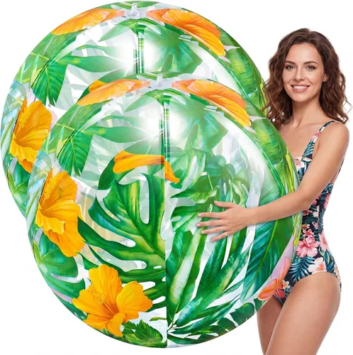 Meooeck 2 Pcs 27 Inch Large Inflatable Beach Ball Palm Leaves Inflatable Ball Hawaii Party Decorations Giant Blow up Beach Balls for Outdoor Summer
