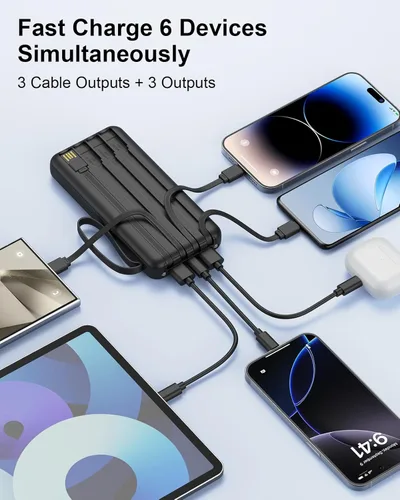 Miniatura 5 de Cargador portátil con cables integrados, batería de 10,000 mAh delgada, carga rápida de 22.5 W, banco de energía con pantalla LED USB C, 6 salidas