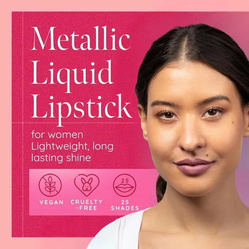 Miniatura 2 de Aromi Lápiz labial líquido mate metálico Rosa polvoriento rosado, color de labios malva rosado claro con acabado brillante, de larga duración