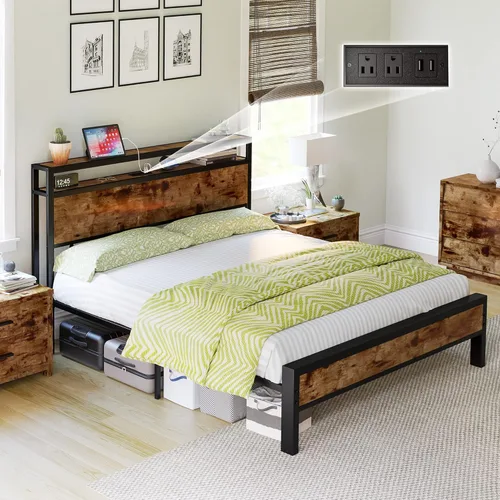 Miniatura 9 de LUXOAK Marco de cama tamaño Queen, marco de cama de plataforma con cabecera de almacenamiento de 2 niveles y estación de carga, no necesita somier