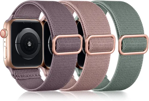 Miniatura 24 de DaQin Paquete de 3 correas elásticas Solo Loop compatibles con Apple Watch de 1.654 pulgadas, 1.614 pulgadas, 1.575 pulgadas, 1.496 pulgadas, Boho