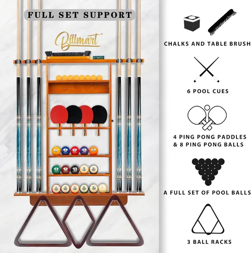 Miniatura 2 de Billmart Soporte para palo de piscina de montaje en pared, palo de piscina 2 en 1 y soporte de paleta de ping pong, estante de madera maciza