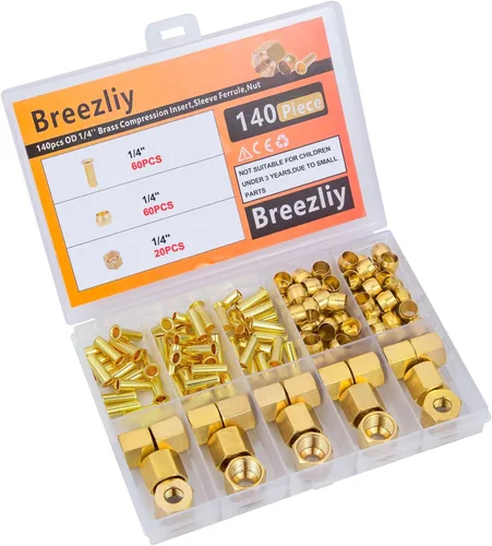 Miniatura 5 de Kit surtido de accesorios de compresión de 1/4 de pulgada, 60 manguitos de compresión de latón, 60 insertos de latón y 20 tuercas, se utiliza