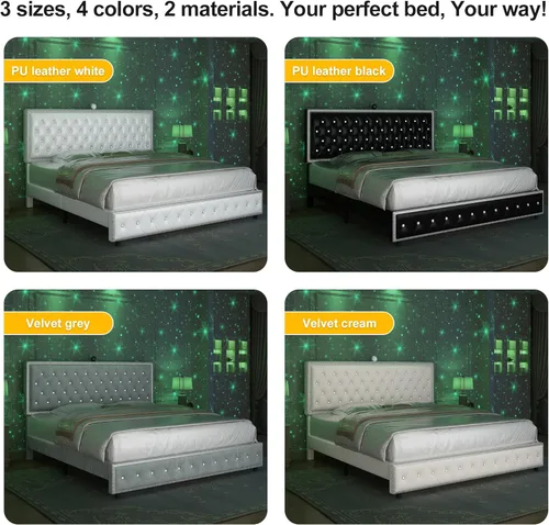 Miniatura 6 de Base de cama de plataforma tapizada tamaño Queen con cabecera LED, proyector de estrellas integrado y cabecera ajustable, no necesita somier, fácil