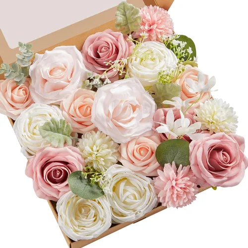 Miniatura 27 de Serwalin Flores de seda, flores artificiales burdeos para decoración de boda, rosas falsas rosas rosas y rojas con tallos y caja de vegetación, A
