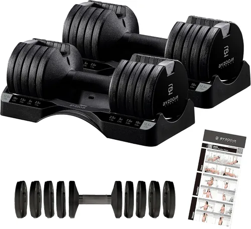 ByZoom Fitness - Mancuerna ajustable de 12.5/25 libras – Unidad individual O juego de 2 – Peso ajustable 5-en-1 para gimnasio en casa, entrenamiento