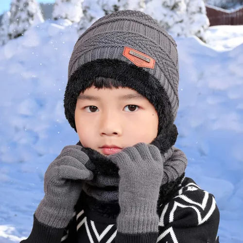 Miniatura 4 de T WILKER Juego de 3 gorros de invierno para niños, bufanda y guantes para pantalla táctil