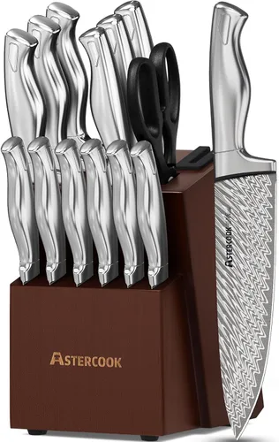 Astercook Juego de Cuchillos, Juego de Cuchillos de Cocina de 15 Piezas con Bloque, Afilador de Cuchillos Integrado, Juego de Bloque de Cuchillos de