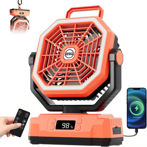Miniatura 8 de Sireck Ventilador de campamento de 40000 mAh, ventilador personal portátil de 10 pulgadas con control remoto, linterna LED, 5 velocidades, Negro-10