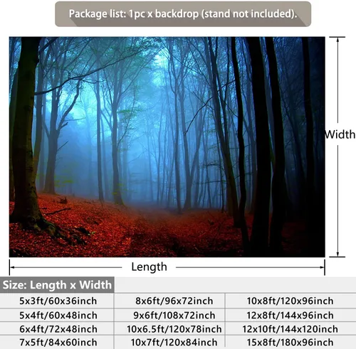 Miniatura 2 de Misty Forest Backdrop Halloween Eve Dark Blue Fog Fall Autumn Maple Leaves Woods Background for Thanksgiving Party Photography Studio Photo Booth