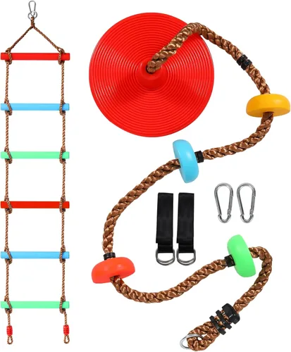 Miniatura 14 de REDCAMP Columpios de cuerda de escalada para árboles, asiento de columpio de disco de plástico resistente para niños y adultos con correa