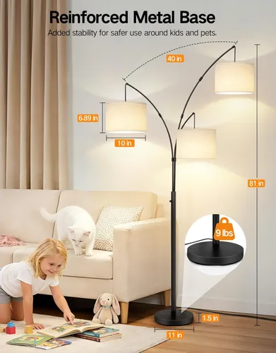 Miniatura 7 de OUTON Lámpara de pie LED de arco, lámpara de pie alta moderna negra de 3 luces para dormitorio, 2400lm lámparas de esquina de pie ajustables