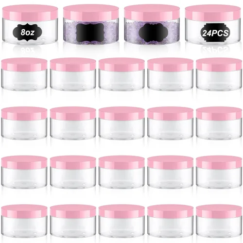 Miniatura 13 de Dandat 24 piezas 8 oz tarro de plástico con tapa y etiqueta recargable, contenedor redondo transparente vacío con muestras cosméticas PET blancas