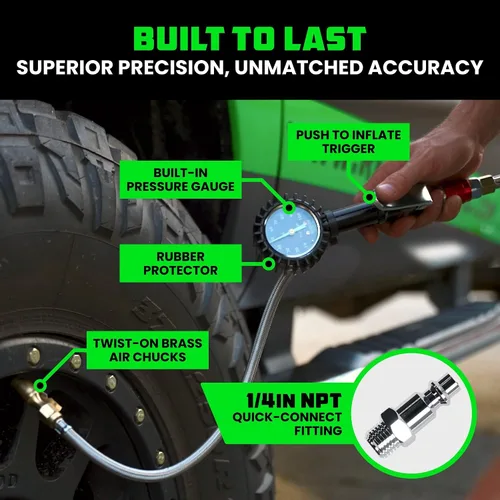 Miniatura 4 de Rhino USA Inflador de neumáticos con manómetro (0-100 PSI) – ANSI B40.1 preciso, esfera brillante grande de 2 pulgadas de fácil lectura, manguera