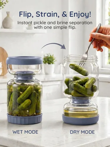 Miniatura 2 de Homnoble Frasco para Pepinillos con Colador Abatible para Separar el Jugo de los Pepinillos Húmedos y Secos, Tapa ABS de Grado Alimentario Mejorada