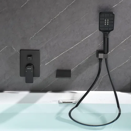Miniatura 8 de Juego de grifos de bañera en cascada de montaje en pared con rociador, grifo de ducha con kit de ajuste de válvula áspera, color negro mate