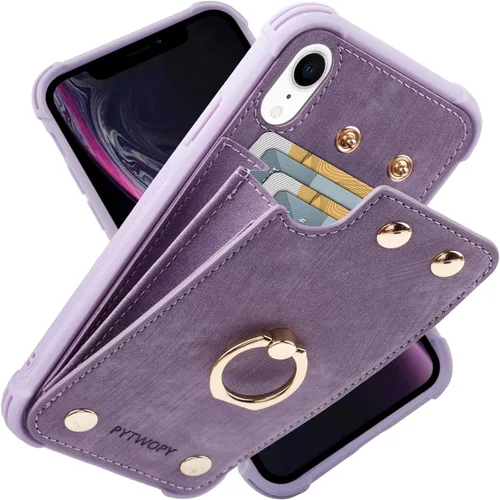 Miniatura 44 de Funda tipo cartera compatible con iPhone XR/10R con tarjetero de crédito, funda protectora de cuero a prueba de golpes compatible con anillo