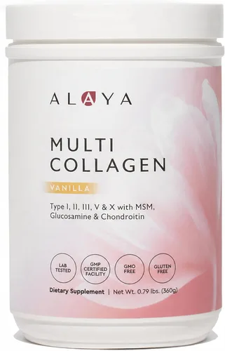 Alaya - Polvo de colágeno múltiple - Suplemento de proteína de péptidos de colágeno hidrolizados tipo I, II, III, V, X, con MSM + GC (vainilla)