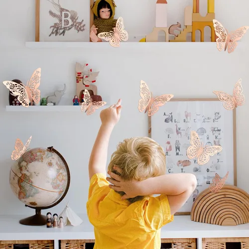 Miniatura 5 de Decoración de pared de mariposa 3D, 72 piezas, 3 estilos, 3 tamaños, mariposas de oro rosa para fiestas, cumpleaños, decoraciones de pasteles