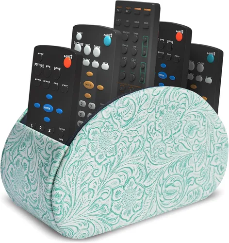Miniatura 11 de QIELIZI Soporte para control remoto, organizador de escritorio de piel sintética con 5 compartimentos espaciosos para controles remotos de TV